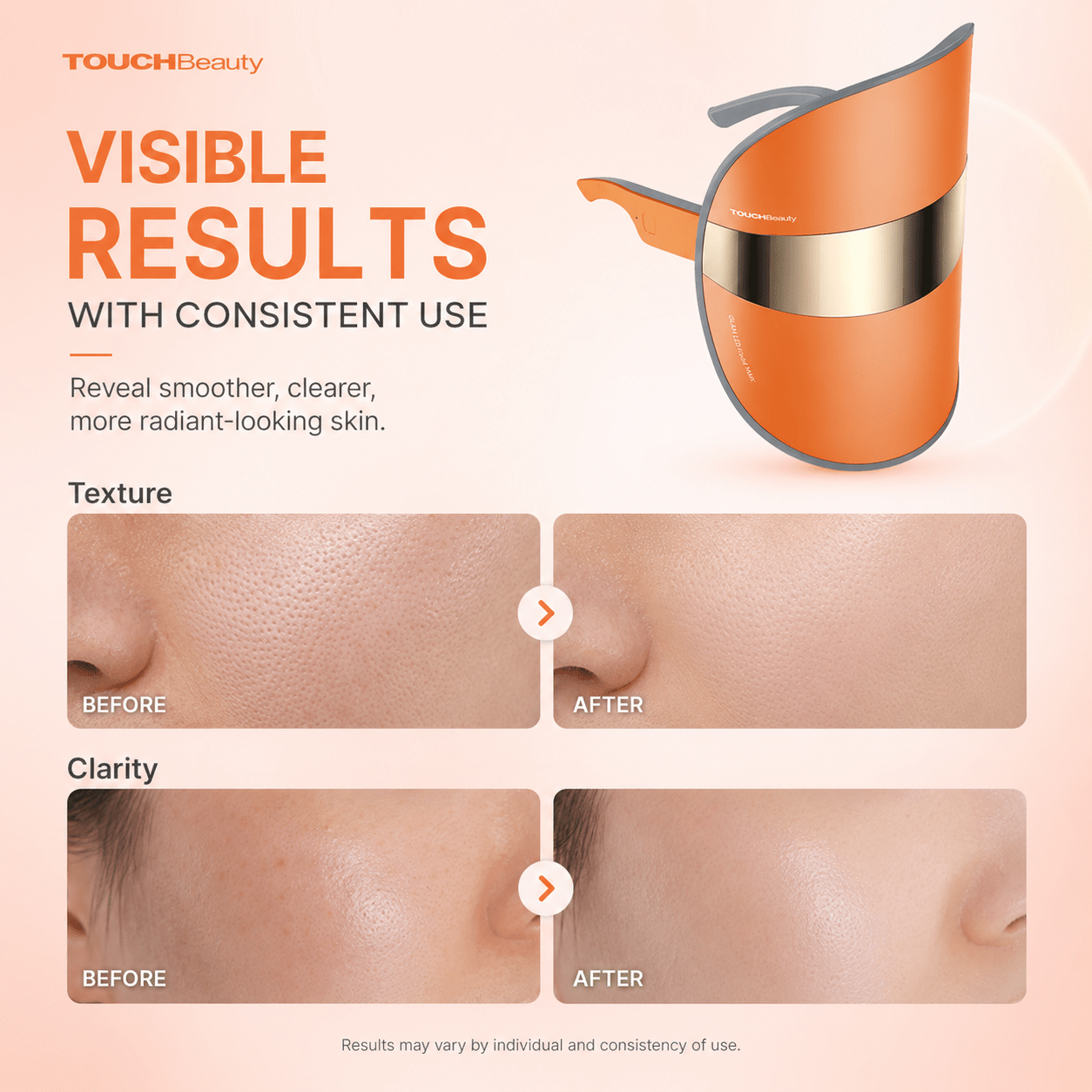 TOUCHBeauty™ GLAM LED Light Therapy Mask | Clear, Brighten & Rejuvenate Skin— In 10 Minutes a Day - TOUCHBeauty