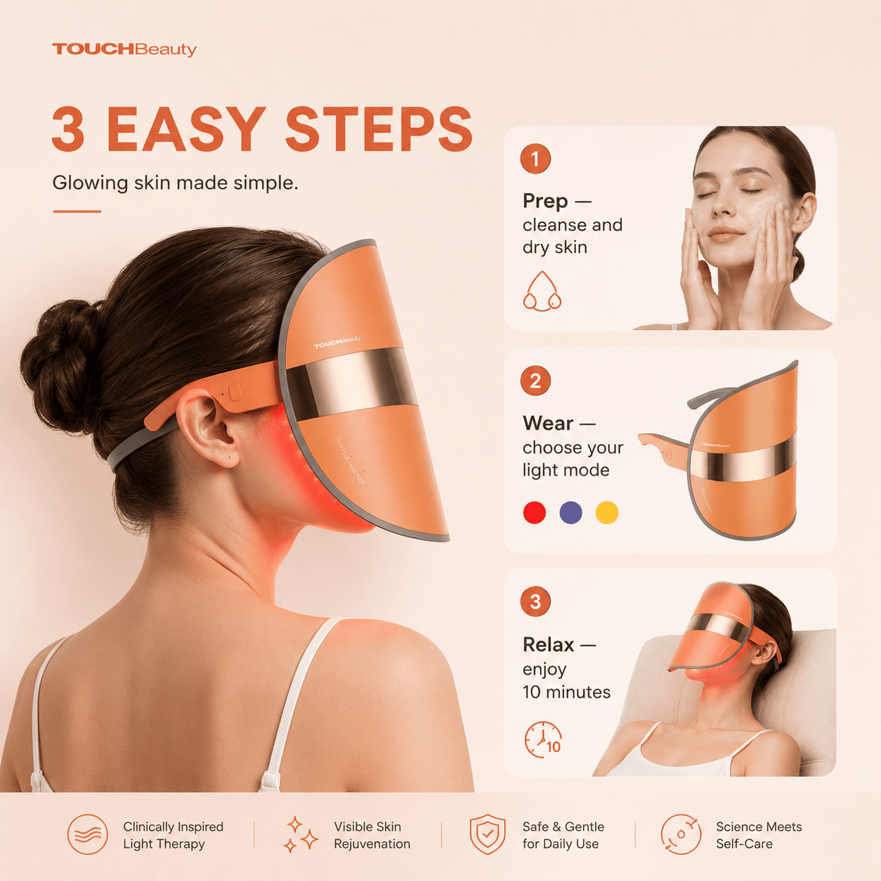 TOUCHBeauty™ GLAM LED Light Therapy Mask | Clear, Brighten & Rejuvenate Skin— In 10 Minutes a Day - TOUCHBeauty